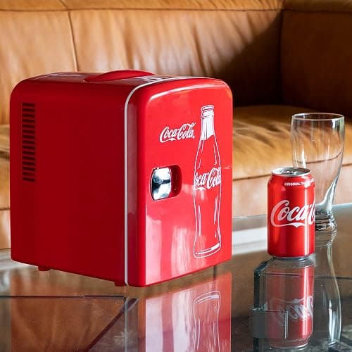 Coca Cola Mini Fridge for Bedroom Skincare Cosmatic Office 4L Small Refrigerator 6 Can Mini Refrigerator Dorm Fridge Portable Cooler 12V DC 110V AC Personal Travel Refrigerator Snacks Drinks Red thumbnail 2