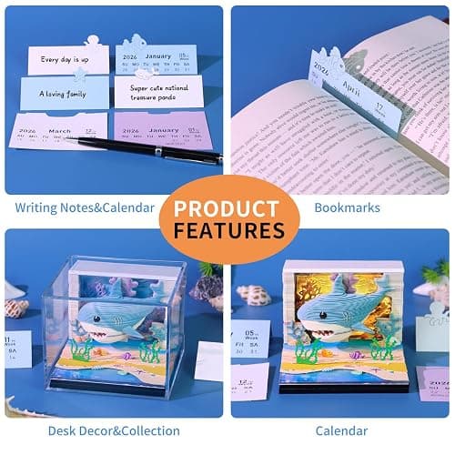 3D Calendar Notebook, Paper Material, 8.5x8.5x6.8cm, LED Light-Up Feature, Weekly Planner with Protective Acrylic Case, Gift Giving (shark) thumbnail 6