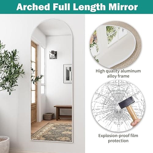 TinyTimes 57"x20" Arched Full Length Mirror, Full Floor Mirror with Stand, Large Full Body Mirrors, Wall Mirrors for Bedroom Living Room, Aluminum Frame (White) thumbnail 4
