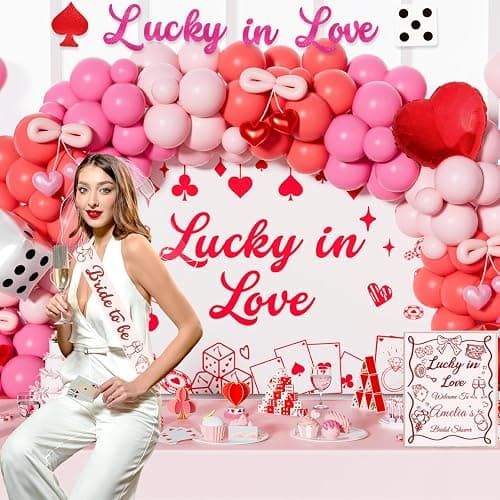 Hombae Lucky In Love Bachelorette Decorations, 117 PCs - Vegas Bachelorette Party Supplies with Cherry and Poker Backdrop, Balloon Garland, Bride to Be Veil, Sash, Dice Foil Balloons thumbnail 6