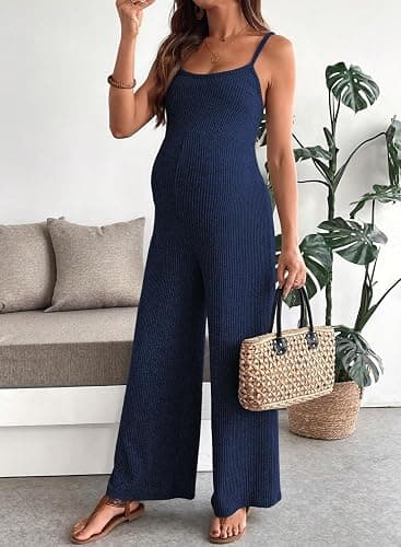 BLENCOT Maternity Ribbed Jumpsuit Stretchy One Piece Wide Leg Romper | Women's Sleeveless Square Neck Adjustable Strap High Waist Casual Lounge Sets Pregnancy Clothes Fashion 2026 thumbnail 9