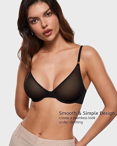INLYRIC Women's Cosnufy Sheer Balconette Bra Demi Unlined Plunge Mesh See Through Sexy Bras Underwire - 36D - Black thumbnail 2