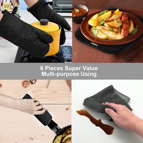 KEGOUU Oven Mitts and Pot Holders 6pcs Set, Kitchen Oven Glove High Heat Resistant 500 Degree Extra Long Oven Mitts and Potholder with Non-Slip Silicone Surface for Cooking (Black) thumbnail 7