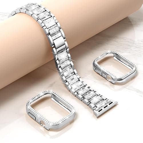 Mosonio Compatible with Apple Watch Band 38mm 40mm 41mm 42mm 44mm 45mm 46mm 49mm with 2 Pack Case Women, Jewelry Replacement Metal Bands Strap with Bling PC Protective Case for iWatch Ultra SE Series 11/10/9/8/7/6/5/4/3/2/1 thumbnail 3