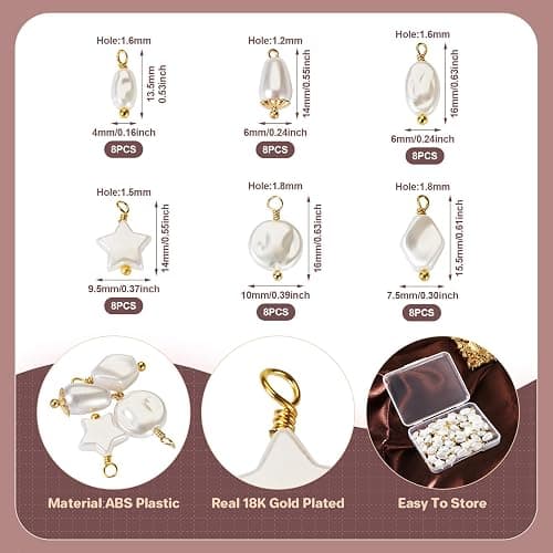 Cheriswelry 48pcs Pearl Pendants Star Flat Round Oval Rhombus Dangle Pearl Charms Real 18K Gold Plated Plastics Pendant 13.5~16mm for DIY Craft Earring Bracelet Necklace Jewelry Making thumbnail 3