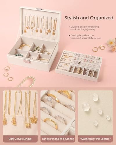 WRSION Jewellery Box Organiser, 2 Layer Jewelry Organizer with 2 Keys, Large PU Leather Jewelry Storage Case with Removable Tray for Rings Earrings Necklace, Jewellery Box for Women Girls (White) thumbnail 6