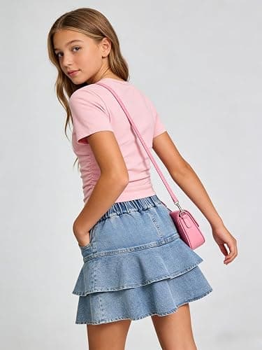 Cakaner Tween Girls Skirt Set Short Sleeve T-Shirt and Ruffle Tiered Denim Skirt Summer Casual 2 Piece Outfit Size 7-14 thumbnail 6