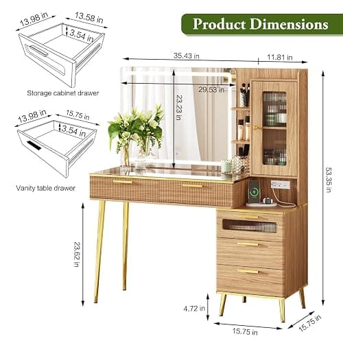 Chrangmay 47.24" Big Modern Vanity Desk with Mirror and Lights,Makeup Vanity Desk with 5 Drawers and Storage Shelves & Power Outlet,Dressing Table with Glass Top, Oak thumbnail 2