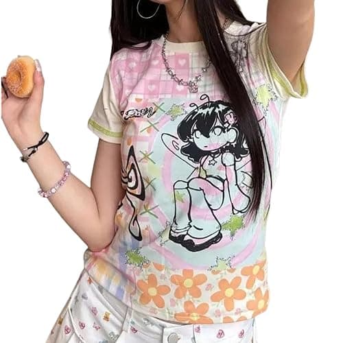 Anime Graphic Baby Tees Summer Harajuku Cute Short Sleeve Shirts Cutecore Kawaii Clothes Teen Girls 2000s Y2k Alt Tops - Image 1