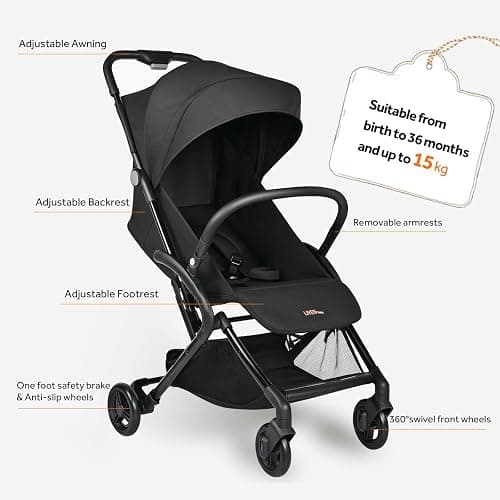LIVINGbasics Lightweight Baby Stroller, Compact Portable Folding Stroller with Adjustable Backrest&Footrest for Travel, Black thumbnail 6