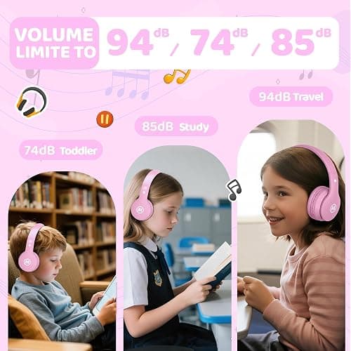 Mokata Headphones Kids Bluetooth 5.4 Wireless Play Time 68H Safe Volume Limit 85/94dB Over-Ear Foldable Headset,Fast Charging,with Aux Cord Built-in Mic for Toddler Child Pad Study Tablet Pink thumbnail 5