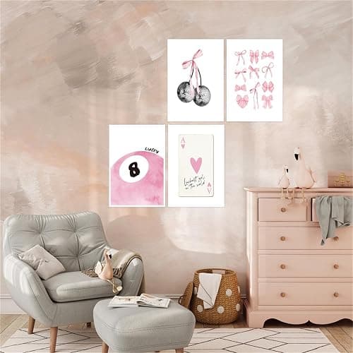 Set of 4 Pink Canvas Wall Art Coquette Room Decor Aesthetic Canvas Wall Art Set Of 4 Preppy Pink Bow Heart Ace A Poker Pictures Girly Cute Posters Coquette Wall Decor 8x10in Unframed thumbnail 3