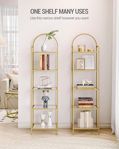 Hzuaneri Bookcase Bookshelf, Tempered Glass Bookshelves, Slim Shelving Unit for Bedroom, Bathroom, Home Office, Steel Frame, 5 Tier Gold BC05001G thumbnail 3