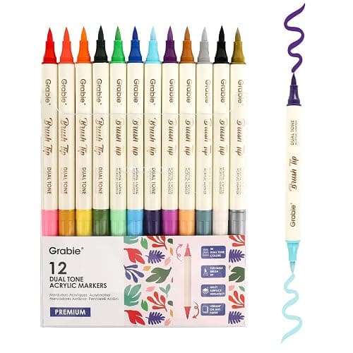 Grabie 24 Colors Acrylic Paint Markers, 12 Pack Dual Tip Soft Brush Acrylic Markers, Water-Based Paint Pens for Paper, Rock Painting, Wood, Glass, Canvas, DIY Craft Art Supplies for Adult & Kids - Image 1