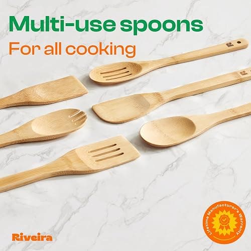 Riveira Bamboo Cooking Spoons 6-Piece – Wooden Cooking Utensils Set with Wooden Spoons for Cooking & Spatulas Wooden Utensil Sets – Premium Kitchen Utensils Set – Durable First Apartment Essentials thumbnail 4