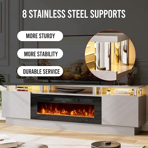 OneBlis 70" TV Stand for Living Room, Entertainment Center with Storage Cabinet, Fits TVs up to 80", Modern Media Console with Shelves, 36" Electric Fireplace (Grey+Black) thumbnail 9