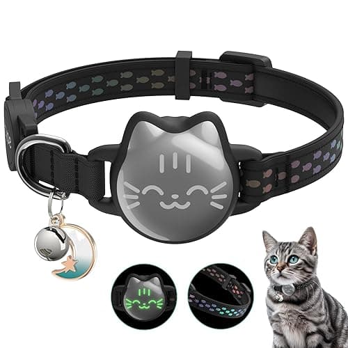 Waterproof Airtag Cat Collar, Breakaway Cat Airtag Collar with Luminous & Reflective Fish Pattern, Lightweight Kitten Collars for Apple Air tag, Hidden GPS Tracker Holder for Cats, Kittens(9-13") - Image 1