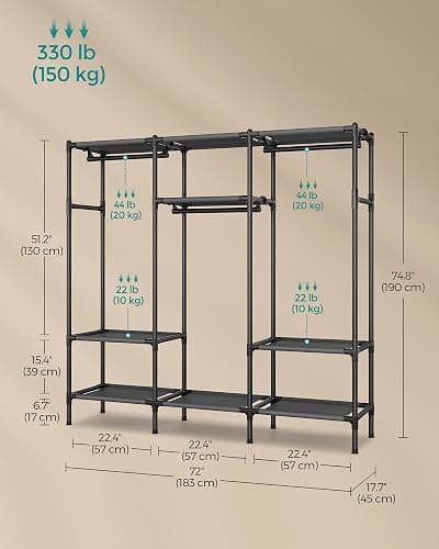 SONGMICS Clothes Rack,72 Inch Large Capacity Portable Closet, Heavy Duty Wardrobe Closet Organizer with Hanging Rails and Shelves, Total Load 330 lb, Easy Assembly, for Bedroom, Black URDR211B01 thumbnail 2