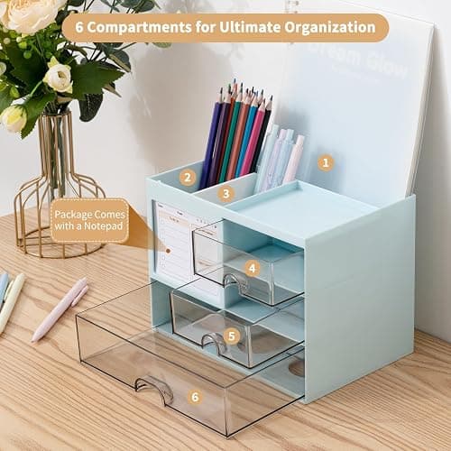 RISEMART Desk Organiser with 3 Drawers, Desk Tidy Organiser with Pen Holder, Large Capacity Desktop Organizer Stationery Storage Box for School Office Home Makeup Desk Supplies (Blue) thumbnail 7