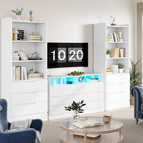 DICTAC 73.23'' Tall Storage Cabinet Bookcase with 3 Drawers and 3-Tier Open Shelves Wooden Bookshelf Kitchen Pantry Storage Organizer Cabinets for Living Room, Study, Kitchen,Bathroom,White thumbnail 6
