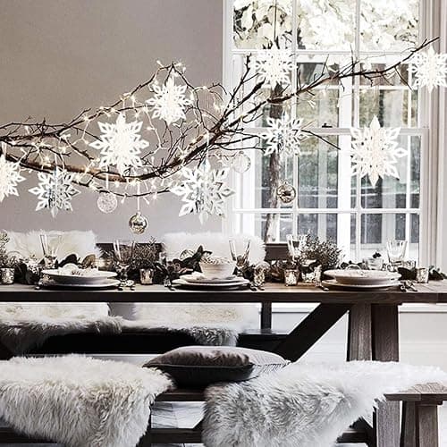 OuMuaMua Winter Christmas Hanging Snowflake Decorations, 12PCS Snowflakes Garland & 12PCS 3D Glittery Large White Snowflake for Christmas Winter Wonderland Holiday New Year Party Home Decorations thumbnail 6