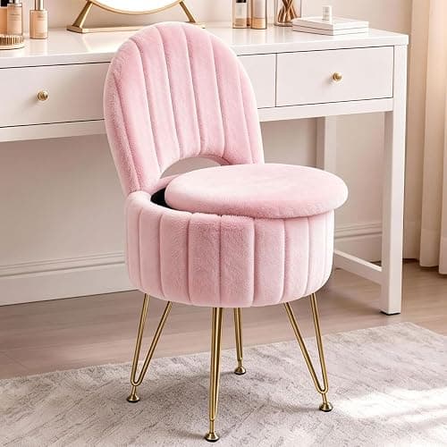 Garvee Vanity Stool Chair with Storage and Folding Back,Faux Fur,Pink,Small | Soft Ottoman,Modern Chairs for Makeup,Vanity Bench,Metal Legs,Adjustable Feet,for Living Room,Bedroom,Makeup Room - Image 1