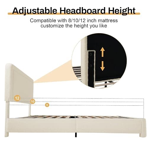 Queen Size Boucle Bed Frame, Modern Cream Bed Frame with Headboard, Soft Rounded Corners, No Box Spring Required, Adjustable Headboard, Easy Assembly thumbnail 5