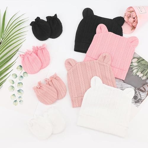 BQUBO Newborn Baby Hats Bear Ears and Mittens Sets Preemie Caps Baby Boy Girl Infant Hospital Beanie for 0-3 Months thumbnail 7