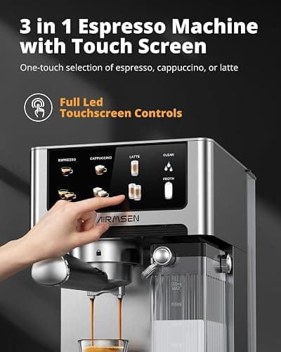 AIRMSEN 20 Bar Espresso Machine with Automatic Milk Frother, Cappuccino & Latte Coffee Maker with Quick Brew Dual Boiler (1350W + 1000W), Stainless Steel, 60oz Water Tank, Touchscreen thumbnail 7