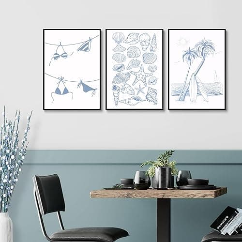 Trendy Coastal Wall Art Set of 3 Blue Seashell Bikini Coquette Posters Prints Coastal Granddaughter Beach House Preppy Aesthetic Wall Decor Pictures for Girly Bedroom Dorm Apartment Unframed 12x16in - Coastal - 16L" x 12W"poster thumbnail 2