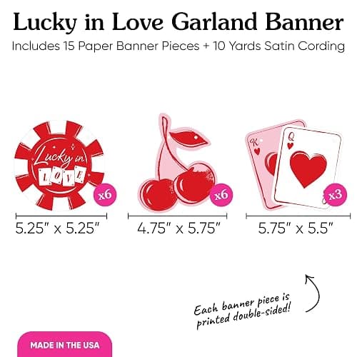 Big Dot of Happiness Lucky in Love Garland Banner, Las Vegas Bachelorette Party Decor, 30 Feet of Cord, 15 Double-Sided Red & Pink Retro Cherry, Poker Chip, Queen of Heart Playing Card Pieces thumbnail 4