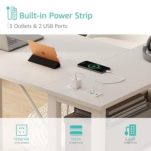 Lufeiya White L Shaped Computer Desk with Drawers & Storage Shelves, 47 Inch Corner Reversible Desk with Power Outlet for Home Office Bedroom, L-Shaped Teen PC Desks with Fabric Drawer, White thumbnail 6