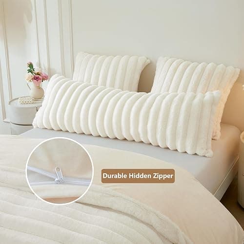 MEGO Fluffy Faux Rabbit Fur Body Pillow Cover, Cozy Plush Fuzzy Wide Striped 20x54 Ivory Body Pillowcase, Decorative Shaggy Furry Zippered Bedroom Long Pillow Cover for Pregnancy Side Sleeper, Beige thumbnail 5