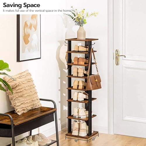 HOOBRO 8 Tiers Vertical Shoe Rack, Wooden Shoe Storage Organizer with Hooks, Narrow Shoe Tower for 8 Pairs, Space Saving, for Entryway, Living Room, Bedroom, Rustic Brown BF07XJ01G1 thumbnail 4