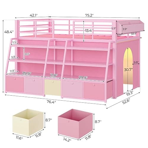 MSmask Low Loft Bed Twin with Stairway Shelf Storage, 5 Drawers, Pink | Heavy Duty Metal Kids Loft Bed with Beside Box Storage, LED Lights, Safety Guardrail, Under-Bed Play Space, Spave Saving thumbnail 2