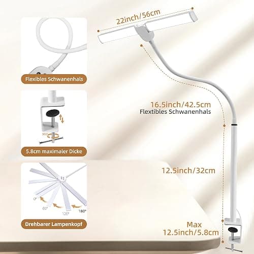 LIBORA Lampe de Bureau LED, Double tête lampe bureau, 5 Modes de Couleur 5 Niveaux de Luminosité, Col de cygne flexible et Peu encombrante lampe pince, lampen de table, Blanc thumbnail 3
