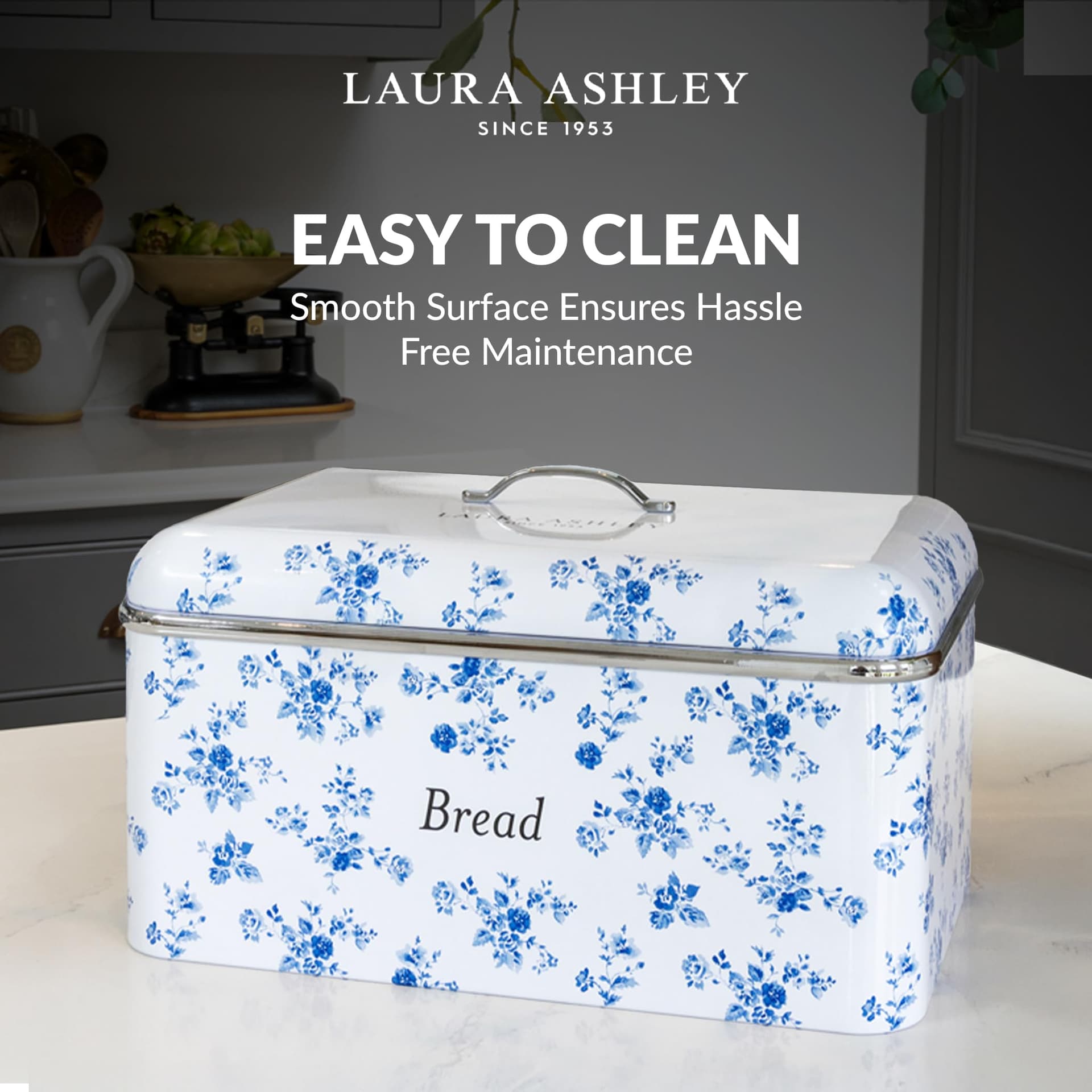Laura Ashley Bread Storage Box with Lid by VQ - Large Bread Bin for Kitchen with Removable Lid - Easy to Clean Stainless Steel Bread Box with Hand-Applied Designer Print - China Rose thumbnail 4