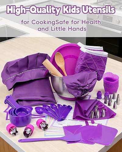 Kids Baking Set–Real Cooking Set for Kids with Kids Cooking Utensils & Kitchen Accessories, Measuring Tools & Baking Supplies,Great Gift for Pretend Play & Montessori Learning (Purple) thumbnail 7