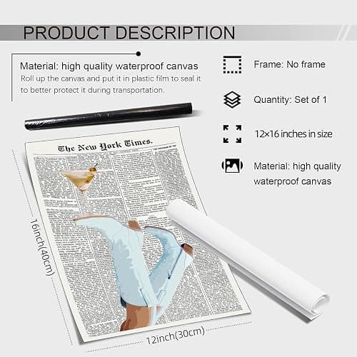 Retro Martini Cocktail Newspaper Poster Preppy Light Blue Western Cowgirl Coquette Boots Wall Art Bar Cart Alcohol Canvas Prints for Bar Cart Dorm Bedroom Wall Decor 12x16 inch Unframed thumbnail 2