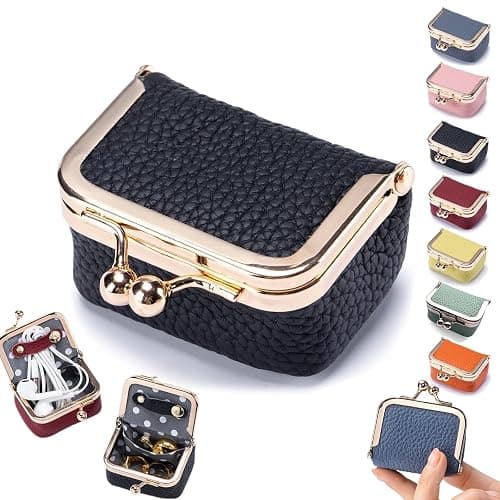 Genuine Leather Mini Jewelry Box, Portable Vintage-Inspired Genuine Leather Coin Purse Jewelry Case with Kiss Lock, Mini Travel Ring Box for Women for Earring/Ring/Necklace/Bracelet(Black) - Image 1