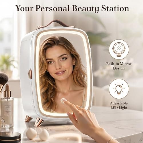 Electactic 6L Mini Skincare Fridge with LED Mirror, Beauty Fridge, White | 7° tilted mirror, 3 lighting modes, quiet thermoelectric cooling, removable shelf, space-saving design thumbnail 3