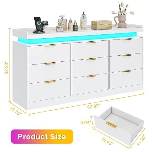9 Drawer Dresser for Bedroom, White Dresser with LED Lights and Charging Station, Modern Chest of Drawer, Wood Triple Wide Drawer Organizer Cabinet for Bedroom, Living Room, Entryway, Hallway thumbnail 2