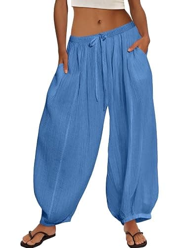 ReachMe Womens Balloon Harem Pants Sheer Summer Elastic Waist Baggy Pants Beach Vacation Outfits thumbnail 2