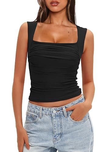 Darong Women's Padded Ruched Tank Tops Built in Bra Summer Double Lined Sleeveless Going Out Crop Tops Shirts thumbnail 5