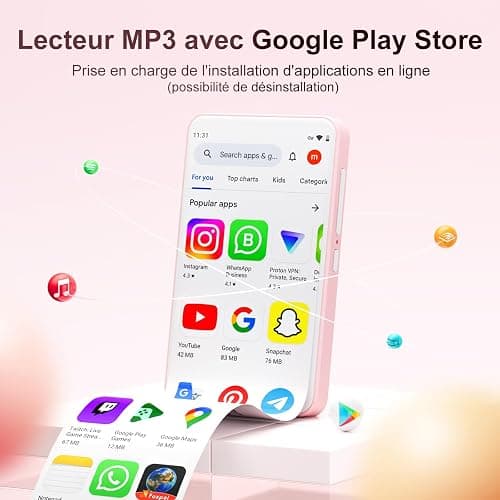 Lecteur MP3 avec Bluetooth et WiFi, Oilsky 80Go Lecteur de Musique Mp3 et Mp4, Lecteur à écran Tactile 4 Pouces 1080P, Lecteur Spotify Android (Rose) thumbnail 4