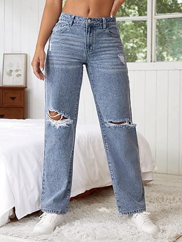 SweatyRocks Women's Ripped Straight Leg Jeans High Waist Distressed Cutout Denim Pants thumbnail 3