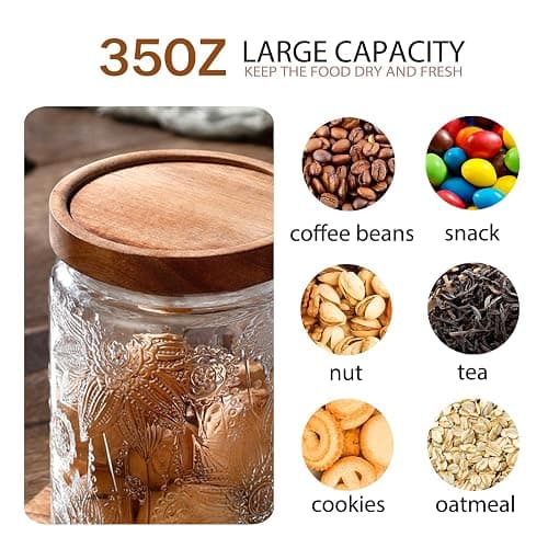 LODIKE 35oz/1000ml Glass Storage Jars with Nature Wood Lids, Airtight Food Storage Containers for Kitchen Organization, Large Capacity for Cookie, Pasta, Sugar, Flour, Cereal - Set of 2 （sunflower） thumbnail 7
