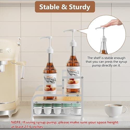 PONEYA Coffee Syrup Rack Organizer, 3-Tier 8 Bottles Syrup Rack with 35 K Cup Storage Basket for Coffee Bar, Countertop Bottle Holder Stand for Wine, Dressing for Kitchen Cafe Station- White thumbnail 4