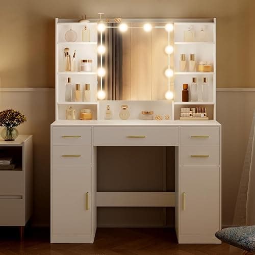 HEXCELEN 108 cm Coiffeuse avec Miroir et Lumières LED, Blanc | Luminosité Réglable, Tiroirs, Armoire et Étagères Ouverts, Table de Maquillage, Miroir avec Étagères Cachées thumbnail 4