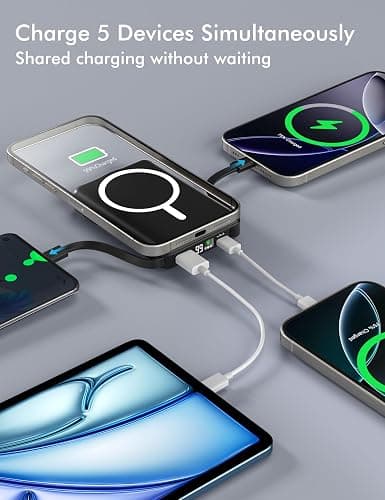 podoru for Magsafe Battery Pack, 10000mAh Magnetic Power Bank Built-in Double USB C Cables 20W PD Fast Charging LED Display Wireless Portable Charger for iPhone 17/16/15/14/13/12 Series-Black thumbnail 2